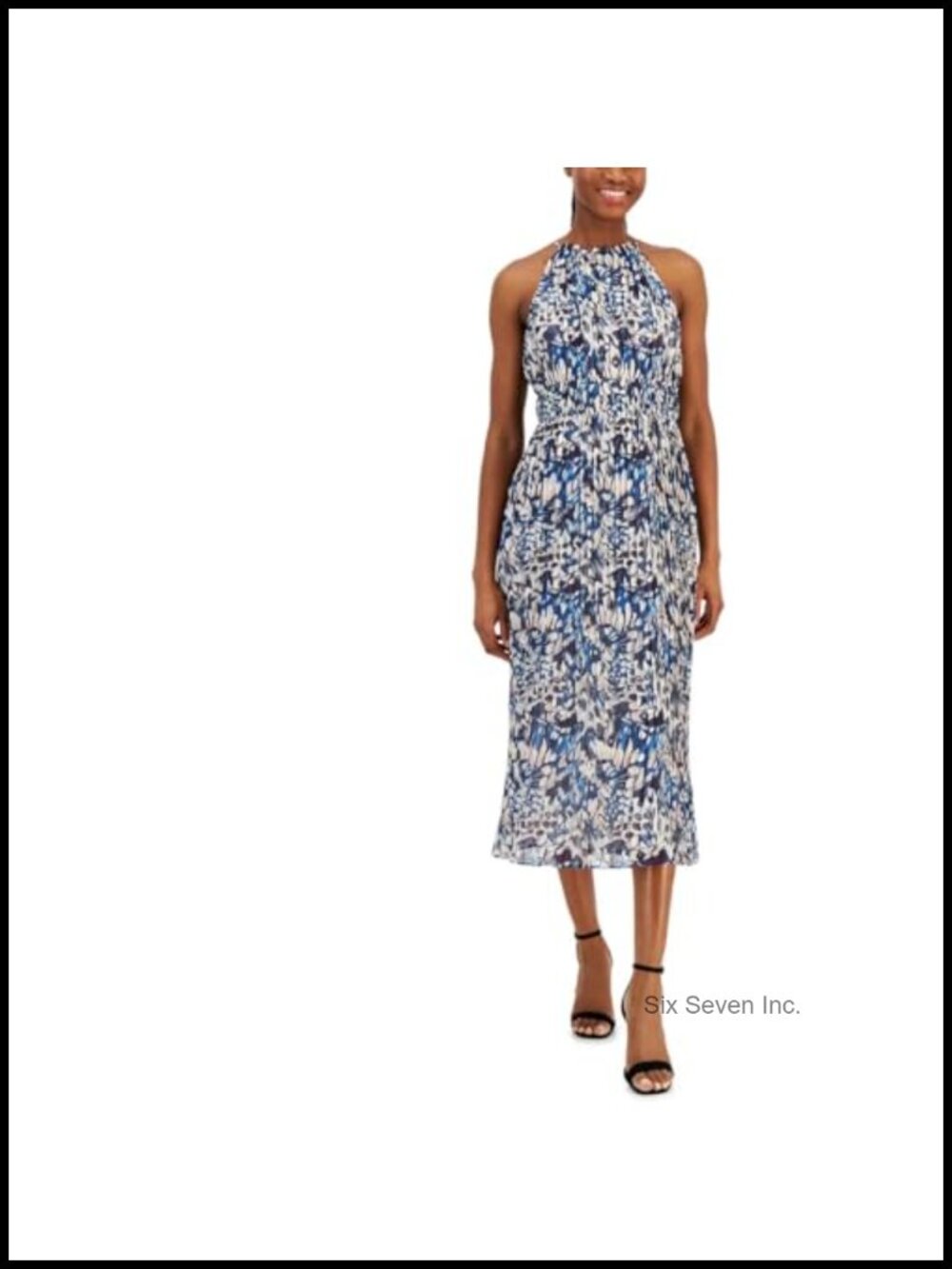Midi Halter Dress Sleeveless A-Line Floral Zipper Back Tie